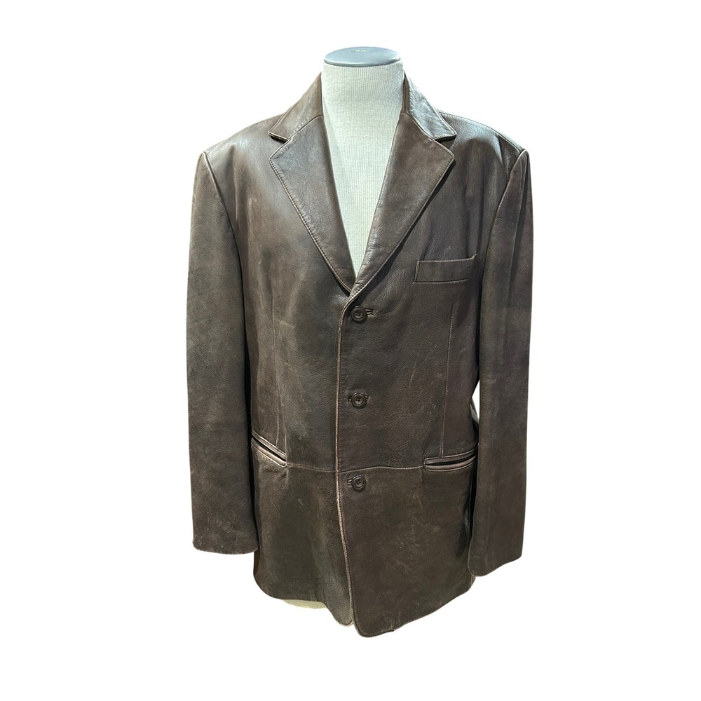 Apt 9 Mens Leather Blazer Jacket 3 Button 44R Brown Classic Professional Coat